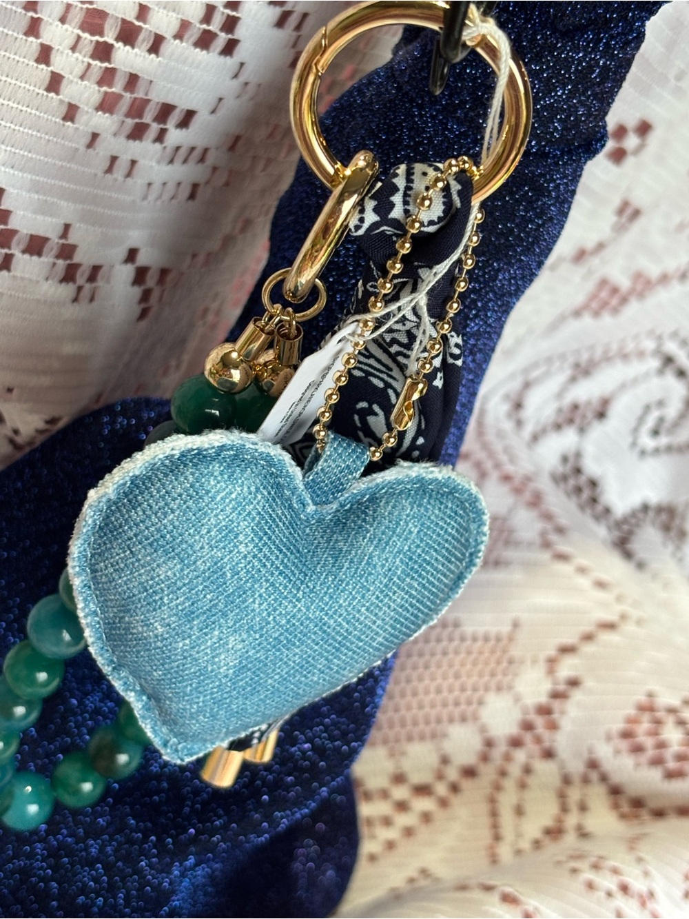 Park Lane Blue Denim Heart Keychain with Teal Bead Strand and Navy Bandana Tie - Picture 3 of 9